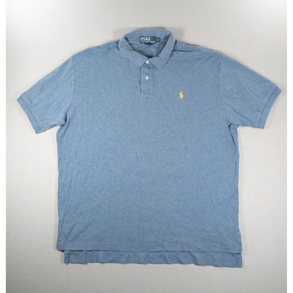 Polo Ralph Lauren Men XL Blue Heathered Cotton Short Sleeve Polo Yellow Logo